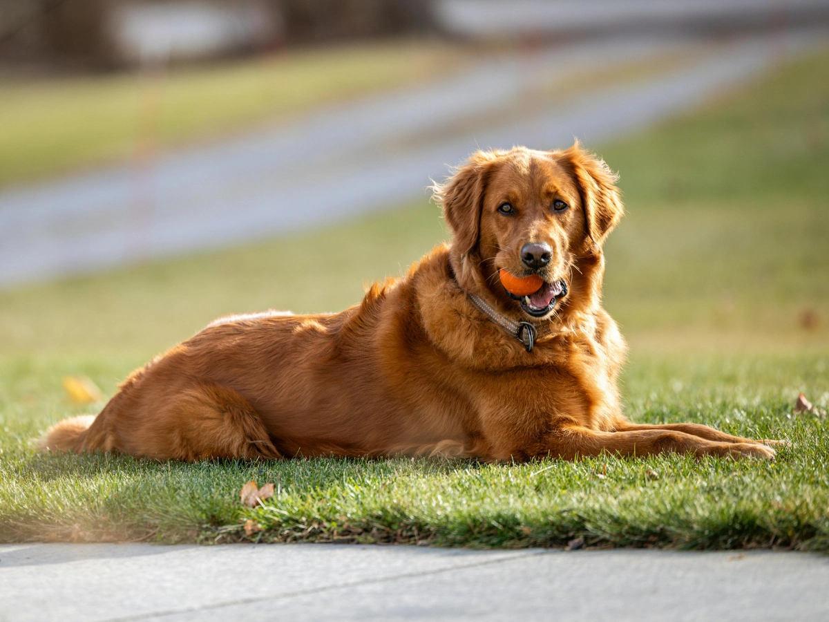 A golden-brown dog lies on green grass beside a paved path, facing the camera with an orange collar and a relaxed, attentive expression.