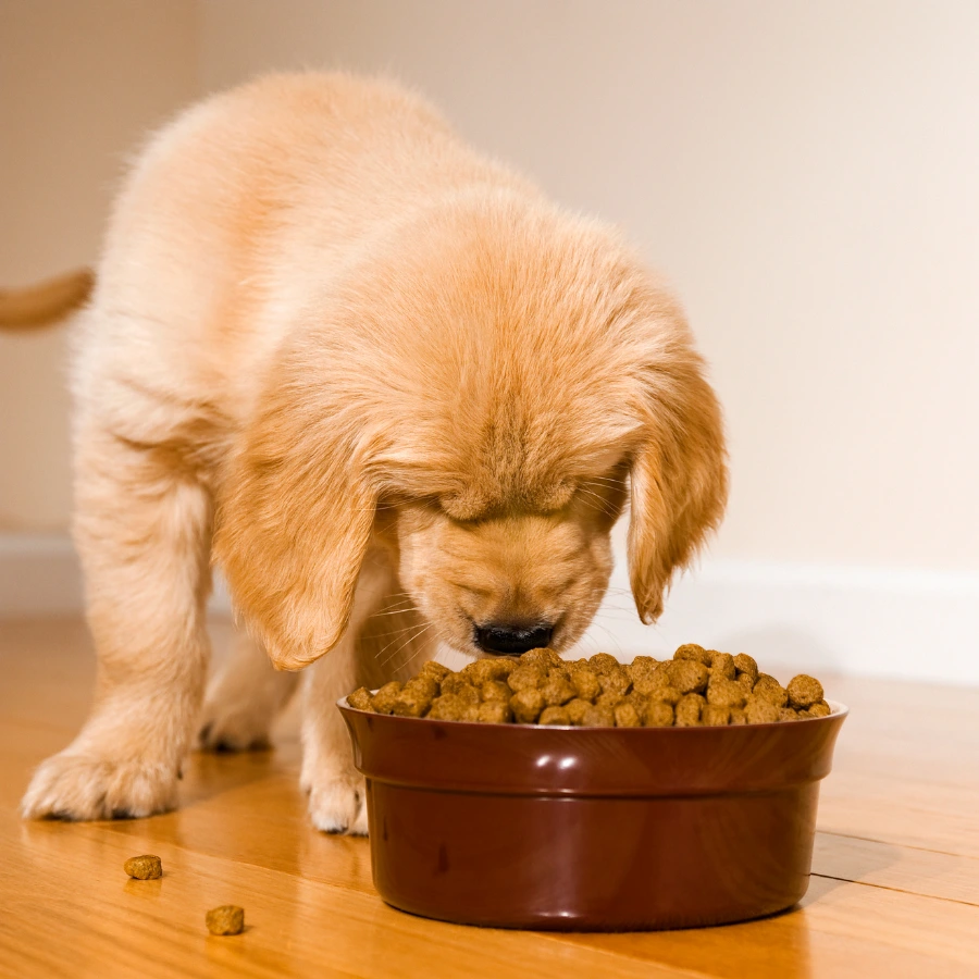 Golden retriever puppy eating kibble.